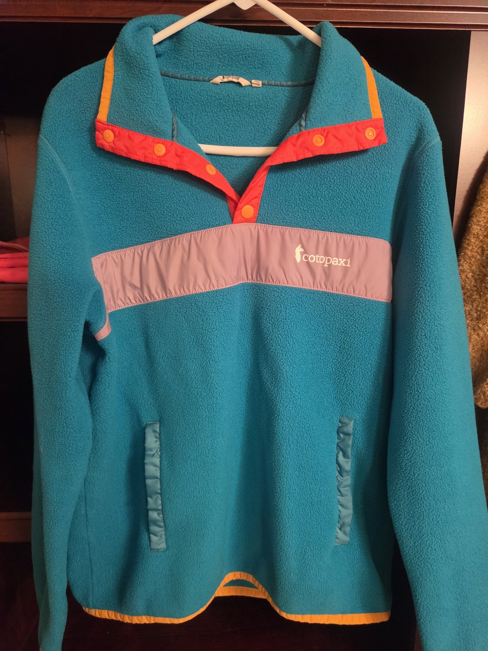 Cotopaxi Teal Fleece Pullover with Coral Snap Placket